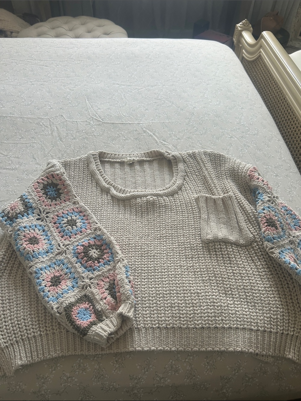 POL Cream Crewneck Sweater with Pastel Crochet Sleeves